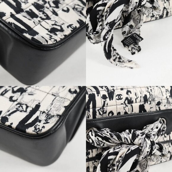 CHANEL Chain COCO Mark Choco Bar Shoulder Bag Satin Black White CC Auth 128055V - Picture 12 of 14